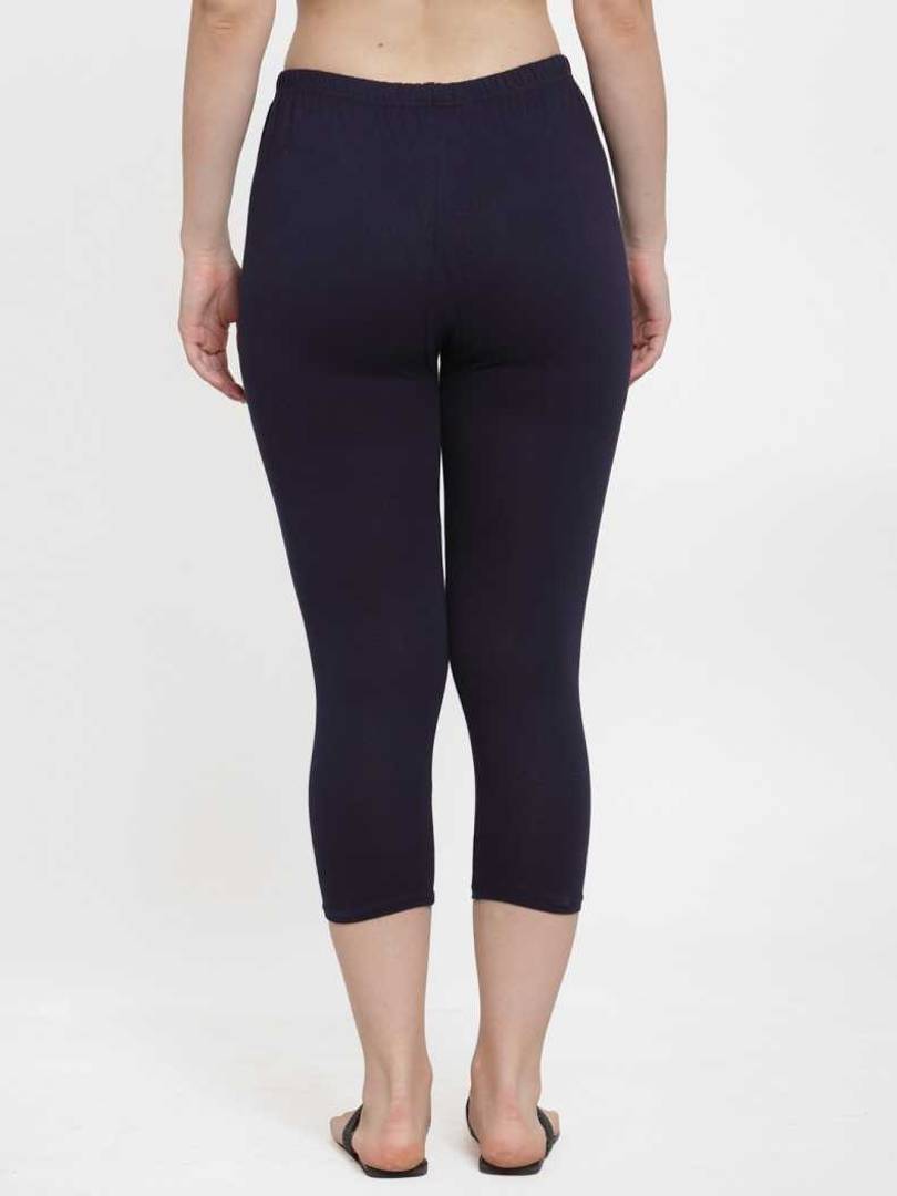 Stylish Leggings Solid Skin Fit Navy Blue Cotton Spandex Capri For Women & Girls